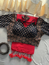 Red Handloom Cotton Saree With Black Ajrakh Print Redy Made Blouse